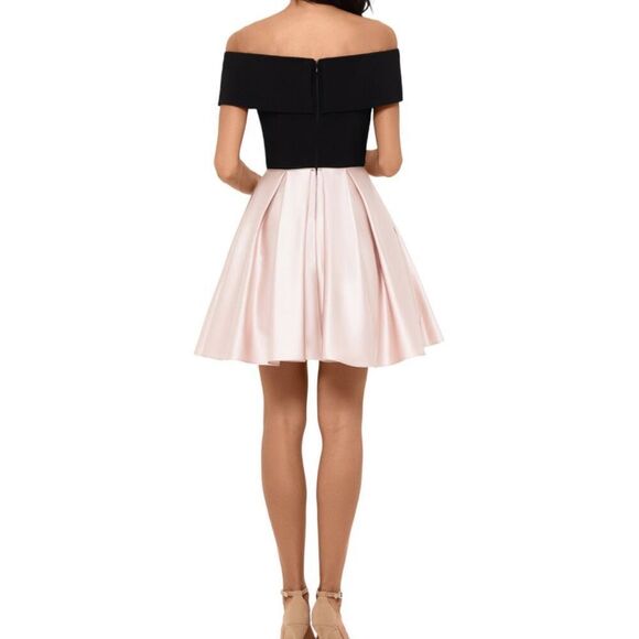 BETSY & ADAM NWT Off-The-Shoulder Fit & Flare Dress Pink/Black Size 12 - Picture 3 of 11